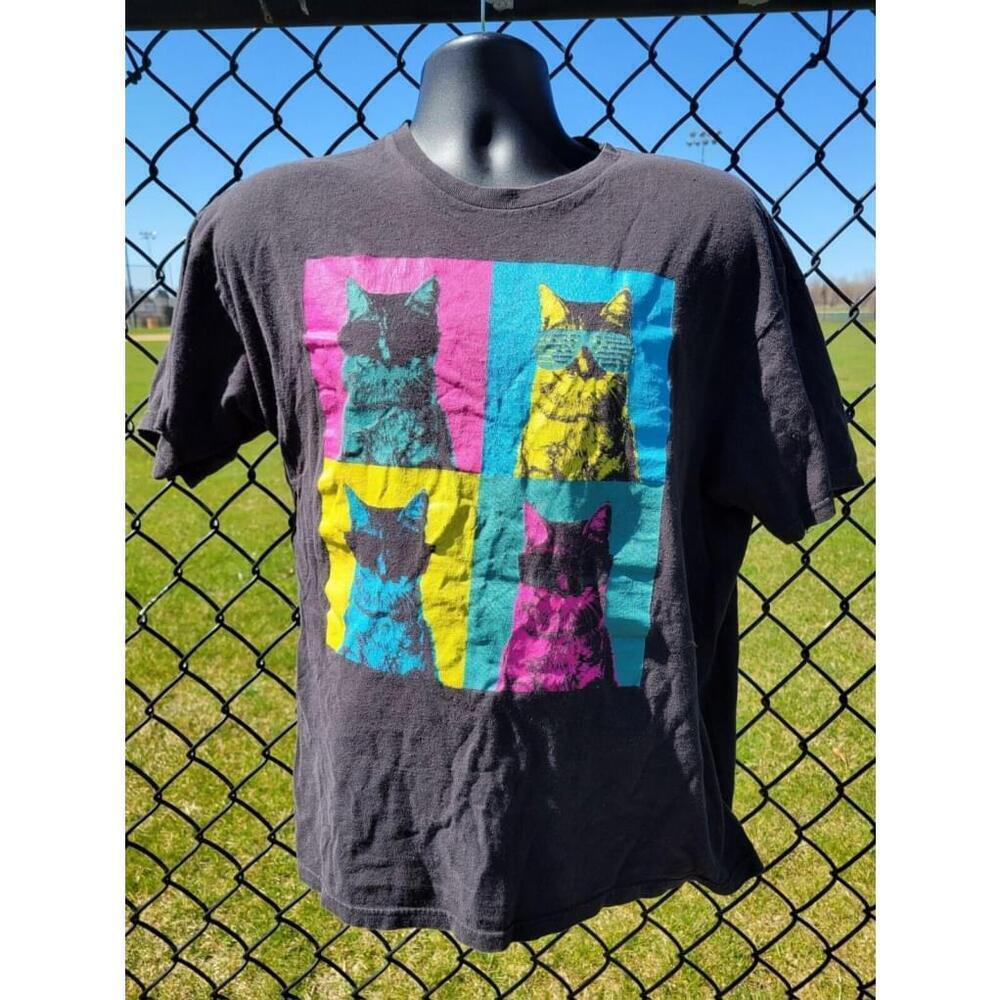 Vintage 1980s Cool Cat Sunglasses Wear Shades Fairy Kei Punk T shirt Top Glam